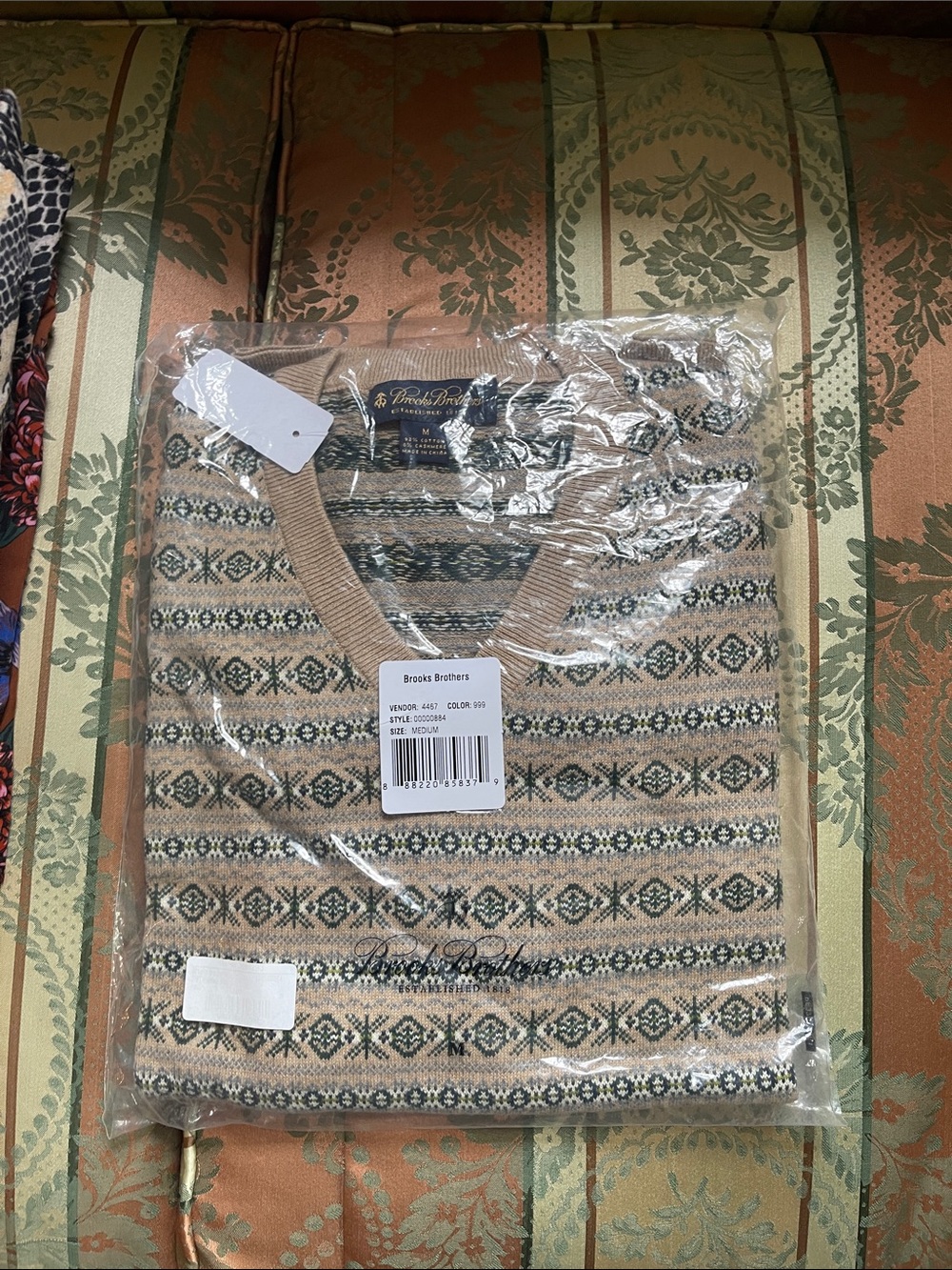 Brooks Brothers Tan and Navy Fair Isle V-Neck Sweater